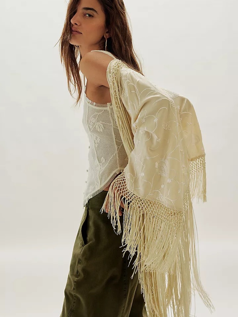Free People Ivory Embroidered Fringe Kimono white and ivory - Picture 3 of 9